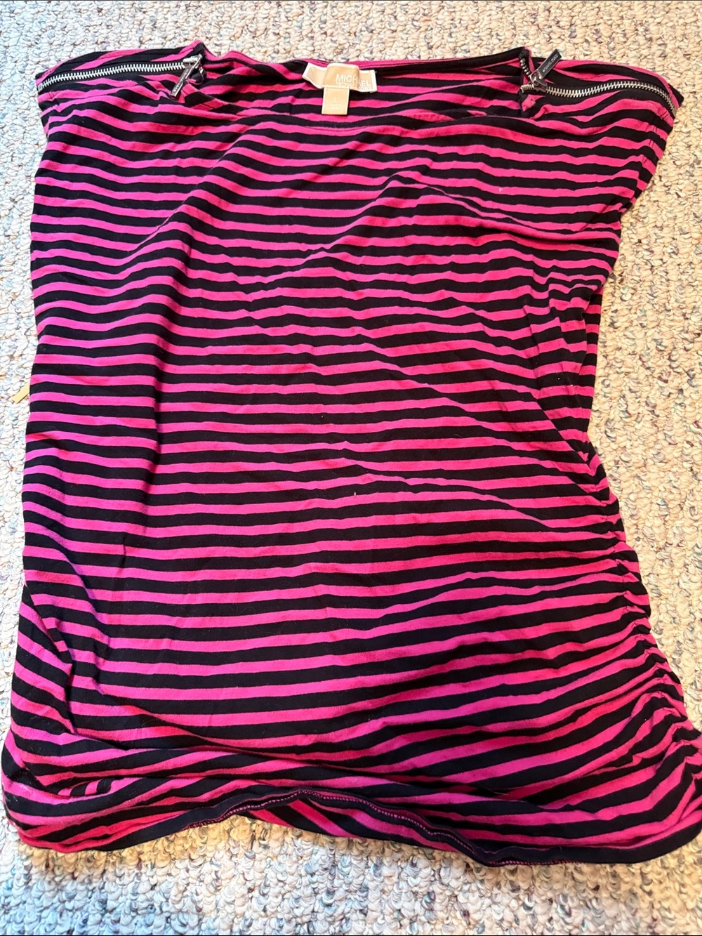 MICHAEL Michael Kors Pink & Black Striped Short Sleeve Top with Shoulder Zips